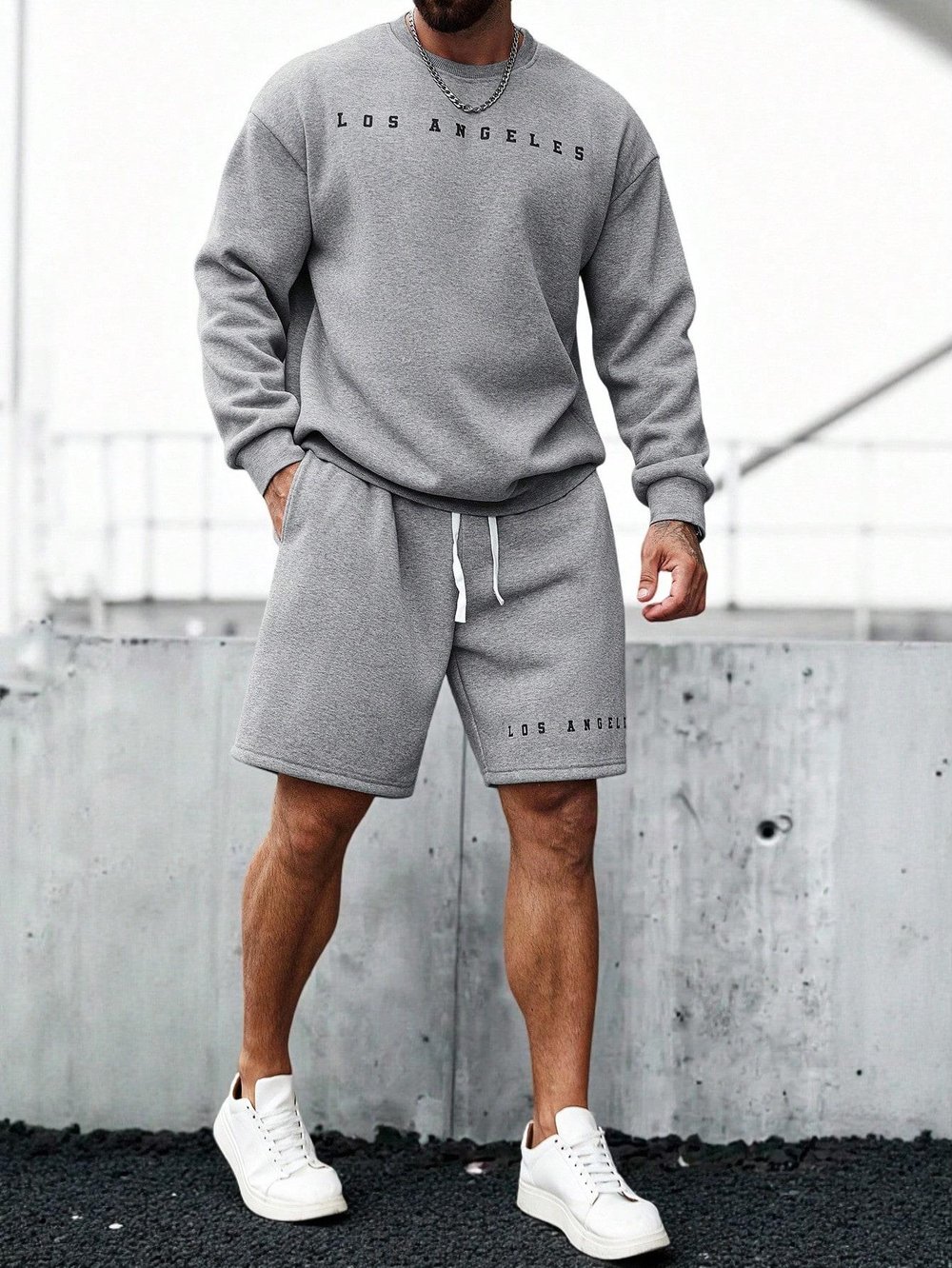Erkek Gri Los Angeles Baskılı Eşofman Takımı Şortlu – Oversize Sweatshirt & Şort Set
