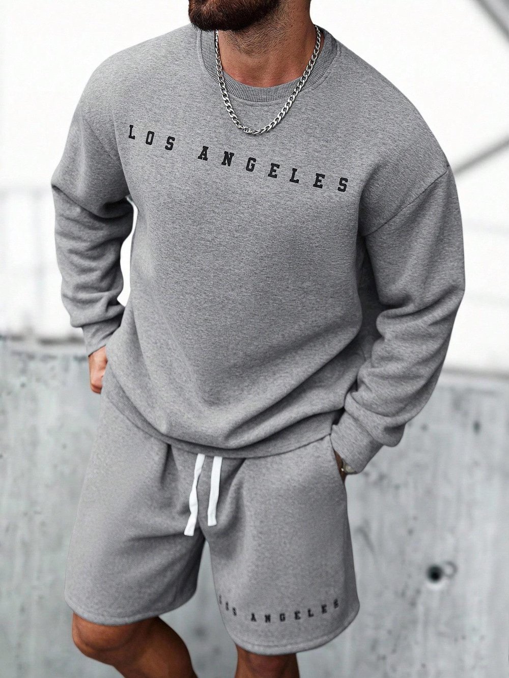 Erkek Gri Los Angeles Baskılı Eşofman Takımı Şortlu – Oversize Sweatshirt & Şort Set
