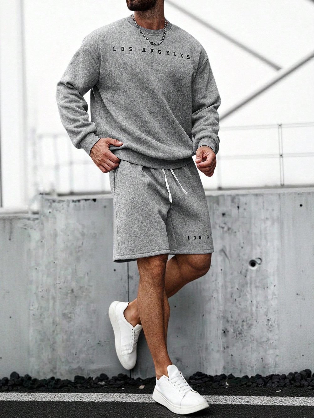 Erkek Gri Los Angeles Baskılı Eşofman Takımı Şortlu – Oversize Sweatshirt & Şort Set