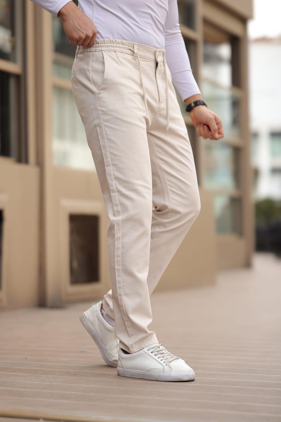 Keten Kumaş Erkek Krem Jogger Pantolon
