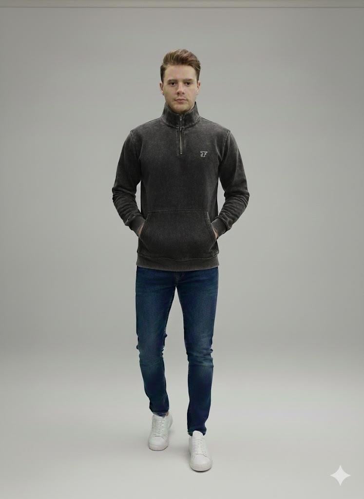 Erkek Siyah Yıkamalı Efektli Yarım Fermuarlı %100 Pamuk 3 İplik Sweatshirt