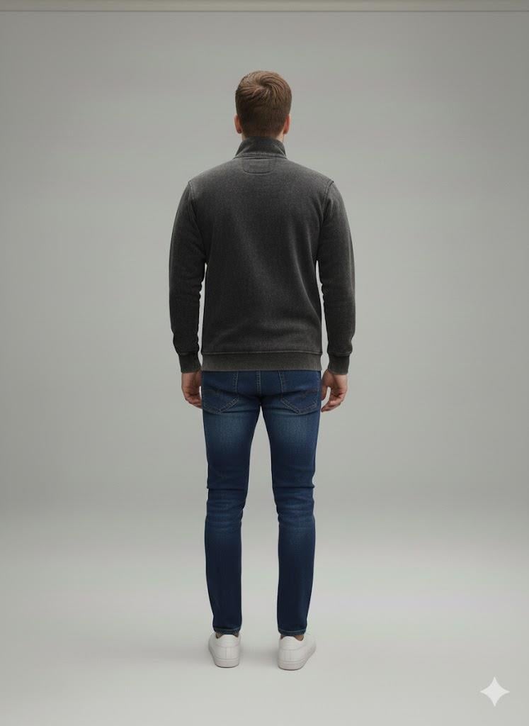 Erkek Siyah Yıkamalı Efektli Yarım Fermuarlı %100 Pamuk 3 İplik Sweatshirt