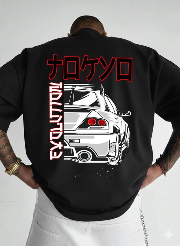 Evo Desenli Japon Stil Unisex Oversize Tişört - Premium Süprem Kumaş - Siyah Car Design