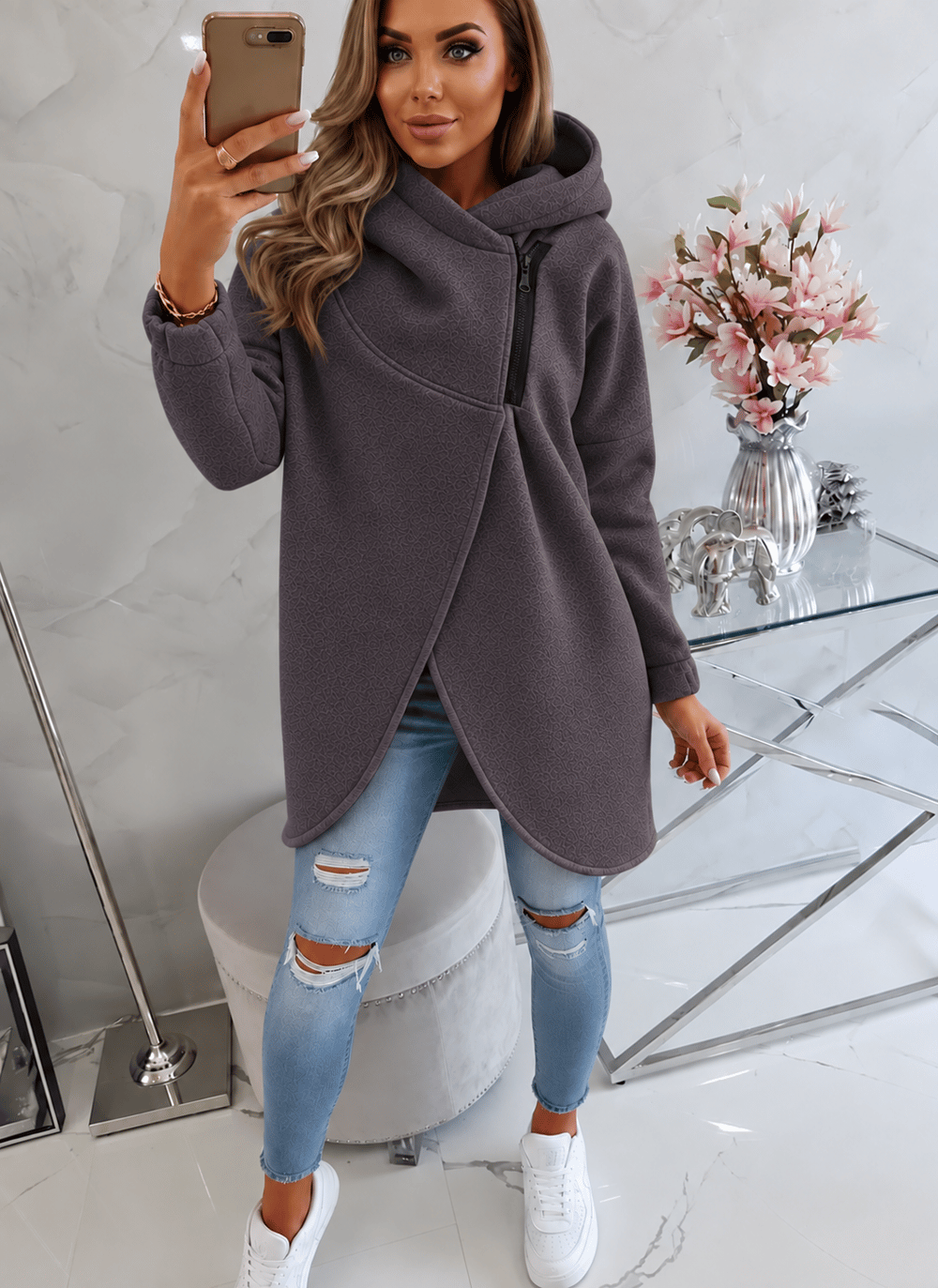 Füme Kadın Asimetrik Fermuarlı Oversize Kapüşonlu Sweatshirt – Kalın Kumaş – Rahat Günlük Tarz