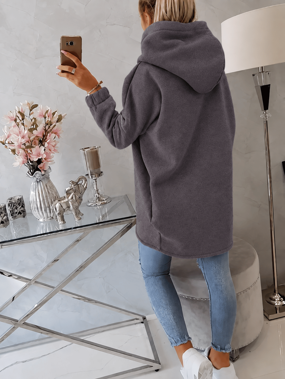 Füme Kadın Asimetrik Fermuarlı Oversize Kapüşonlu Sweatshirt – Kalın Kumaş – Rahat Günlük Tarz