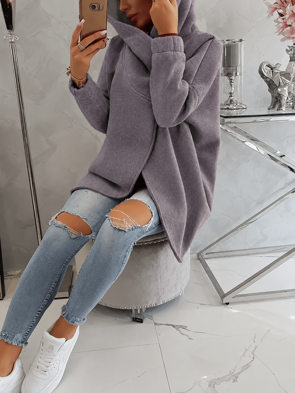 Füme Kadın Asimetrik Fermuarlı Oversize Kapüşonlu Sweatshirt – Kalın Kumaş – Rahat Günlük Tarz