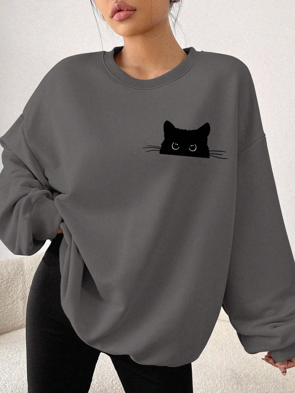 Füme Oversize Geniş Kalıp 3 İplik Şardonlu Sweatshirt – Bisiklet Yaka Kedili Baskılı Kalın Sweat