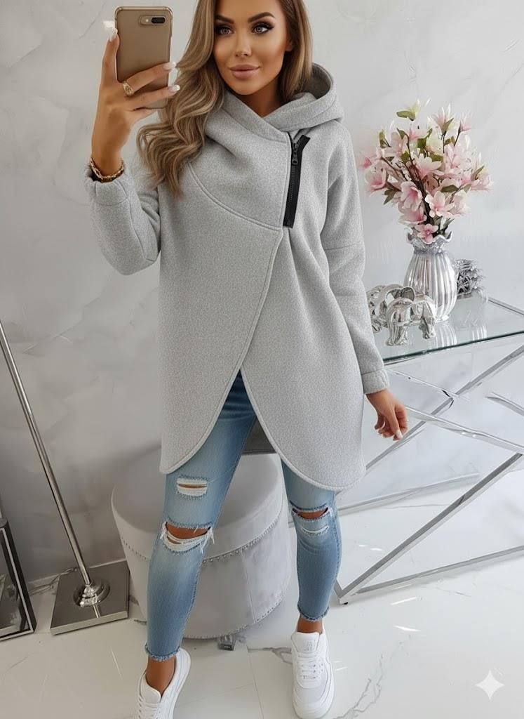 Gri Melanj Kadın Asimetrik Fermuarlı Oversize Kapüşonlu Sweatshirt – Kalın Kumaş – Rahat Günlük Tarz