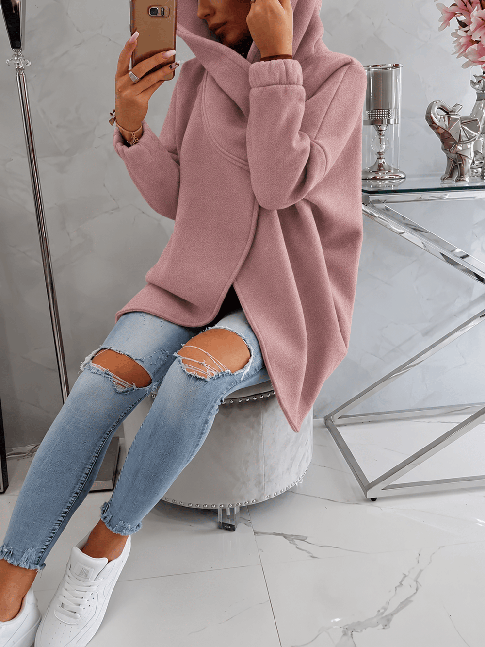 Gül Kurusu Kadın Asimetrik Fermuarlı Oversize Kapüşonlu Sweatshirt – Kalın Kumaş – Rahat Günlük Tarz
