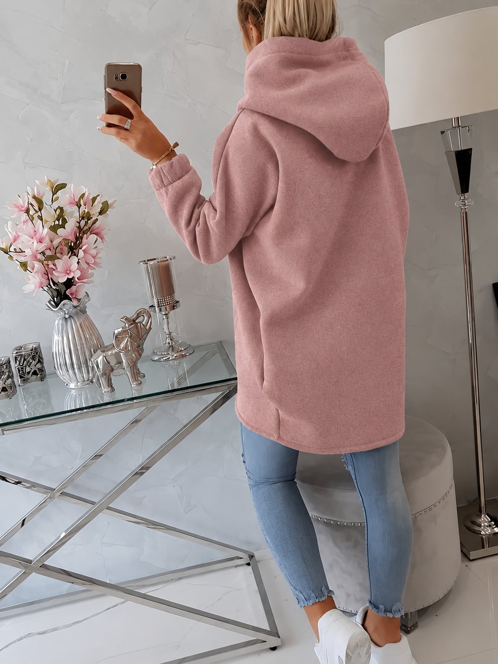 Gül Kurusu Kadın Asimetrik Fermuarlı Oversize Kapüşonlu Sweatshirt – Kalın Kumaş – Rahat Günlük Tarz