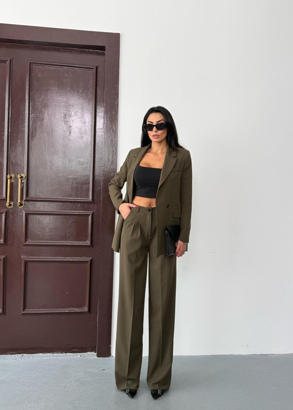 Haki Kadın Polly Viscon Takım – 1. Sınıf Kumaş Blazer Ceket & Palazzo Pantolon İkili Takım