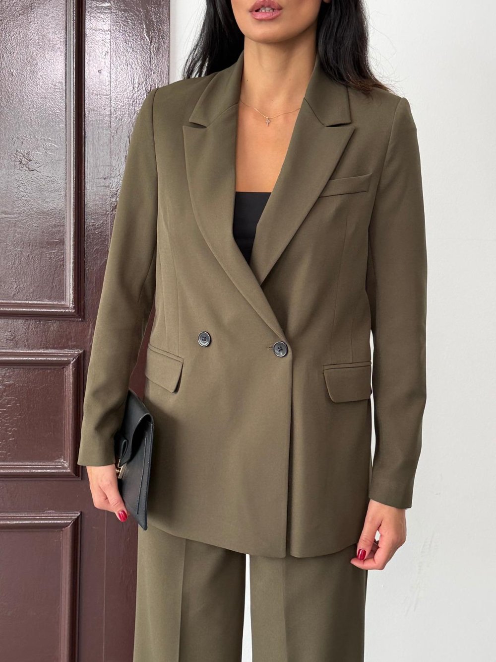 Haki Kadın Polly Viscon Takım – 1. Sınıf Kumaş Blazer Ceket & Palazzo Pantolon İkili Takım