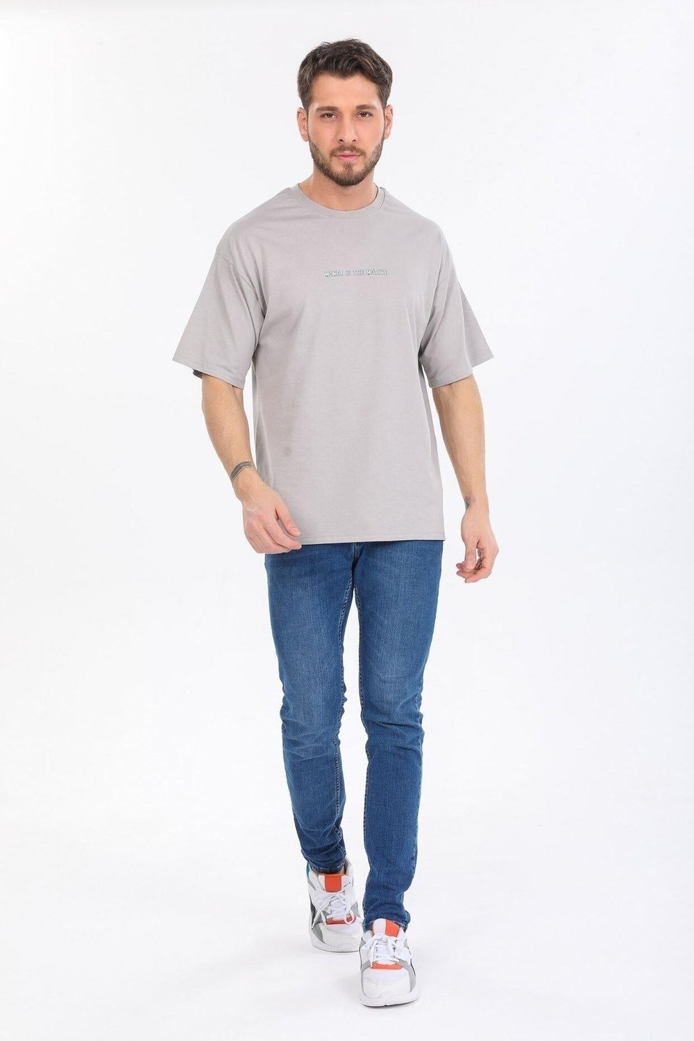 Oversize Hırsız Desenli Gri T-shirt