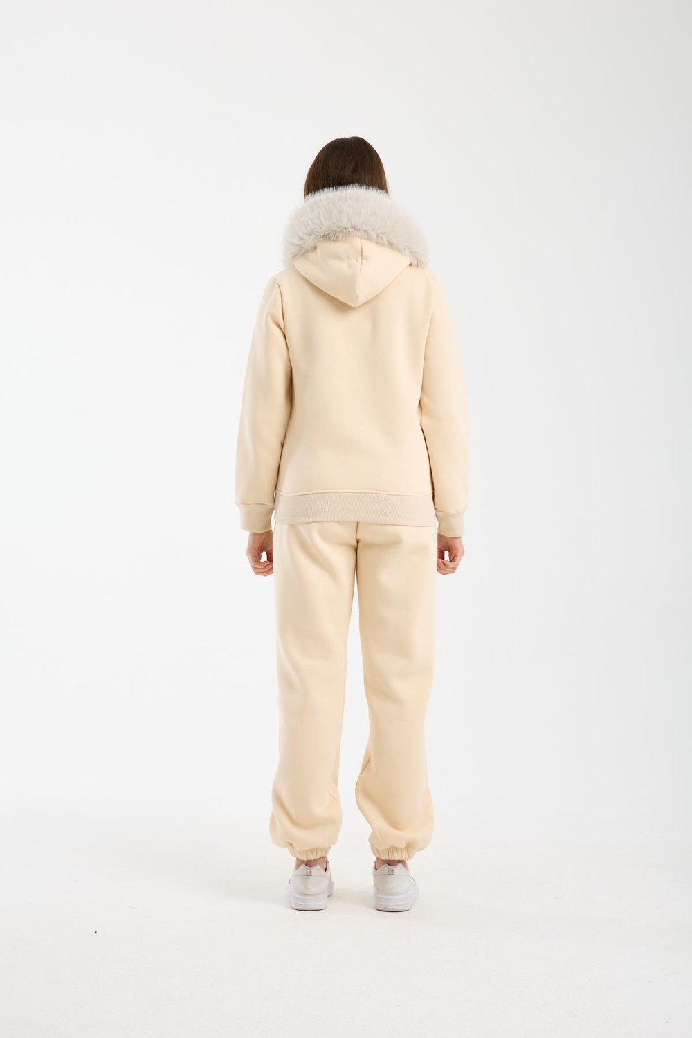 Kadın Bej Kapüşonu Kürklü (Çıkarılabilir) Fermuarlı Sweatshirt ve Eşofman Altı Takım