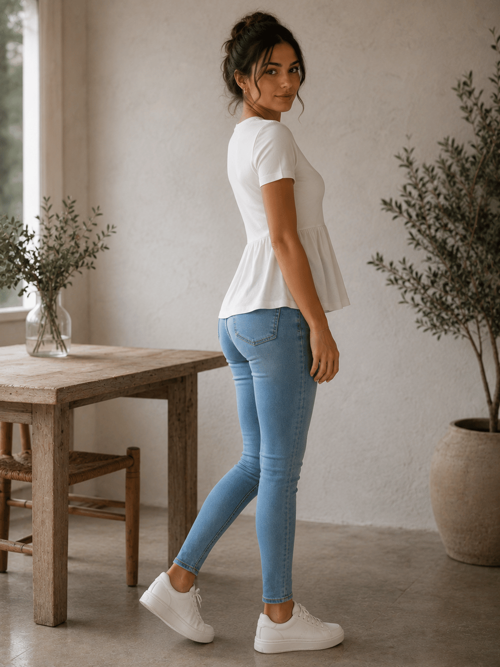 Kadın Beyaz Volan Kesim Baby Doll Bluz Bisiklet Yaka Kısa Kollu Günlük Şık Bluz