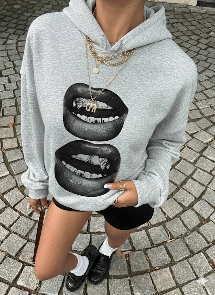 Kadın Gri Oversize Kapüşonlu Sweatshirt – Baskılı Dudak Desenli, Sokak Stili, Rahat Kesim