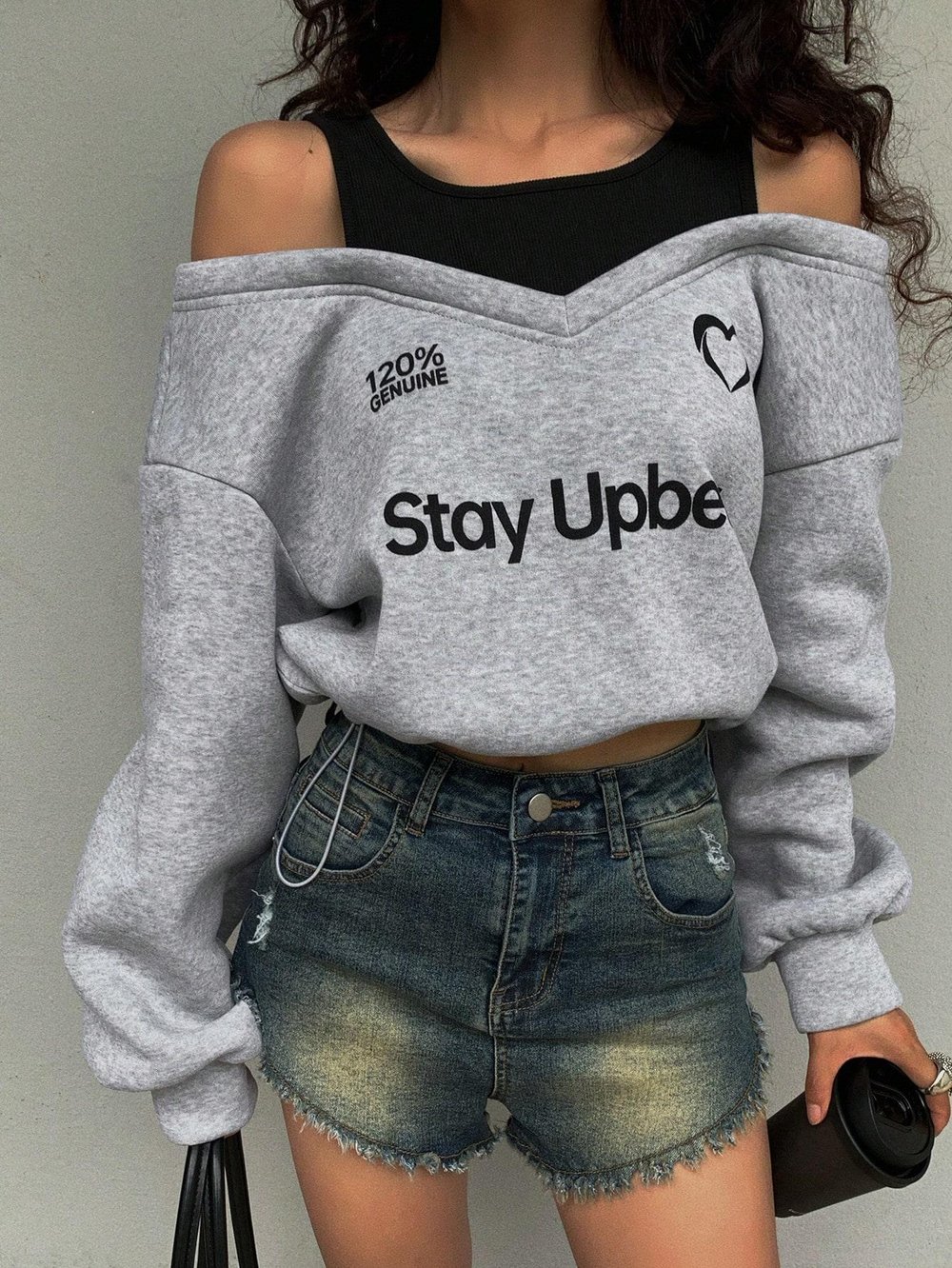 Kadın Gri Şardonlu İkili Görünüm Sweatshirt - Askılı Atlet Detaylı Oversize Sweat
