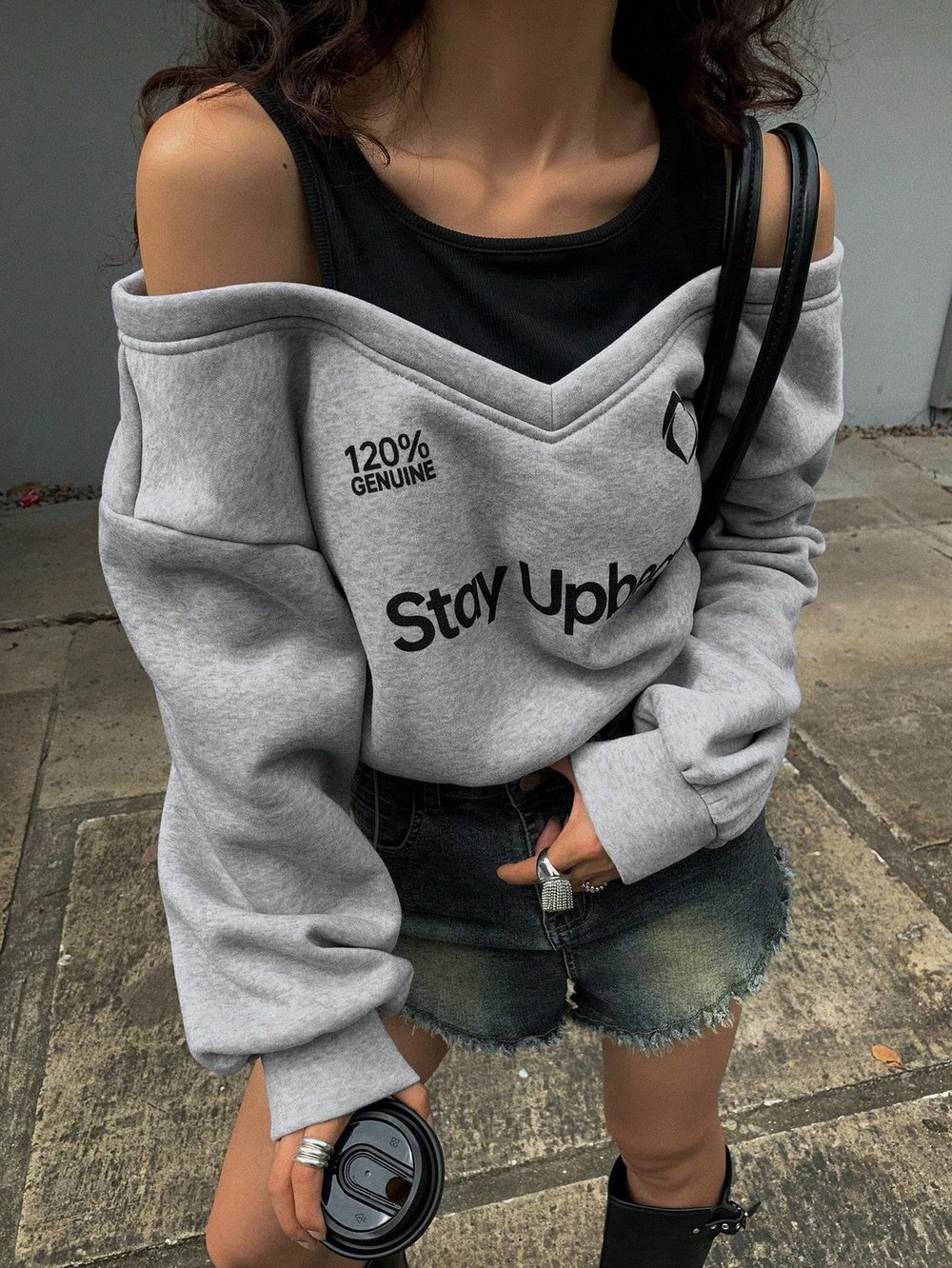 Kadın Gri Şardonlu İkili Görünüm Sweatshirt - Askılı Atlet Detaylı Oversize Sweat