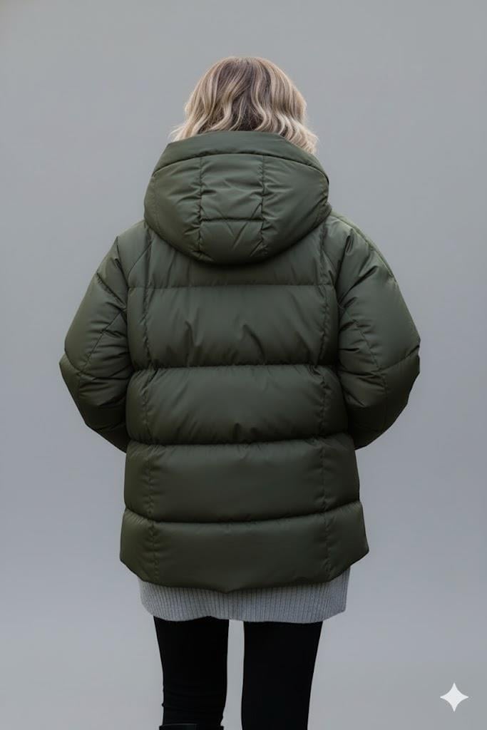 Kadın Haki Kapüşonlu Şişme Mont – Oversize Kışlık Kalın Mont –  Soğuk Geçirmez Şişme Mont