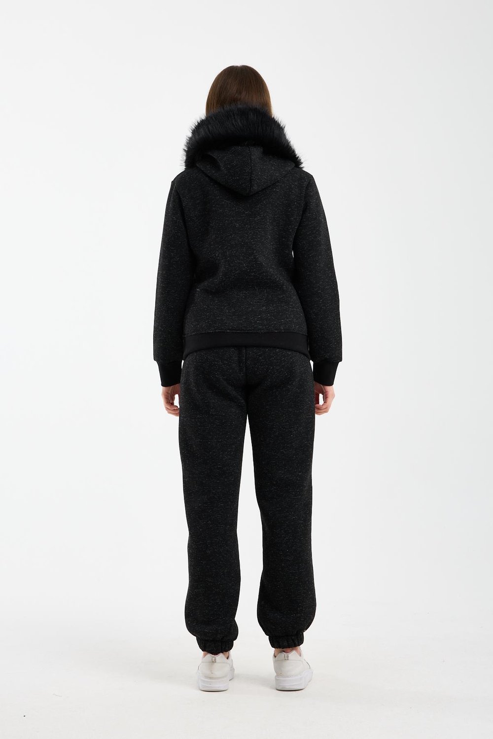 Kadın Kırçıllı Siyah Kapüşonu Kürklü (Çıkarılabilir) Fermuarlı Sweatshirt ve Eşofman Altı Takım