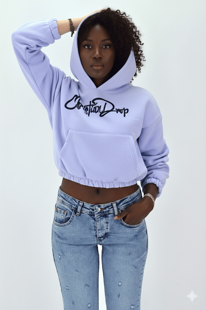 Kadın Neon Christian Drop Yazılı Kapüşonlu Crop Kesim Lila Sweatshirt Nakış İşlemeli