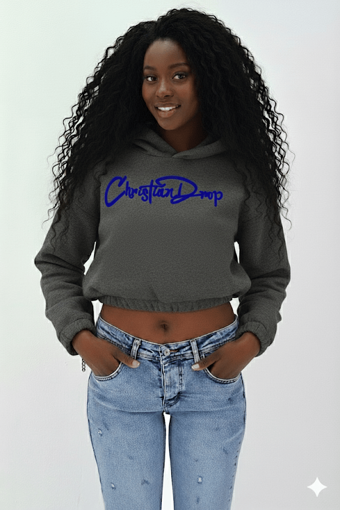 Kadın Neon Christian Drop Yazılı Kapüşonlu Crop Kesim Antrasit Sweatshirt Nakış İşlemeli