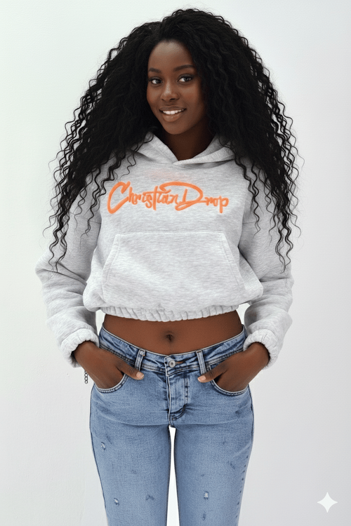 Kadın Neon Christian Drop Yazılı Kapüşonlu Crop Kesim Gri Sweatshirt Nakış İşlemeli