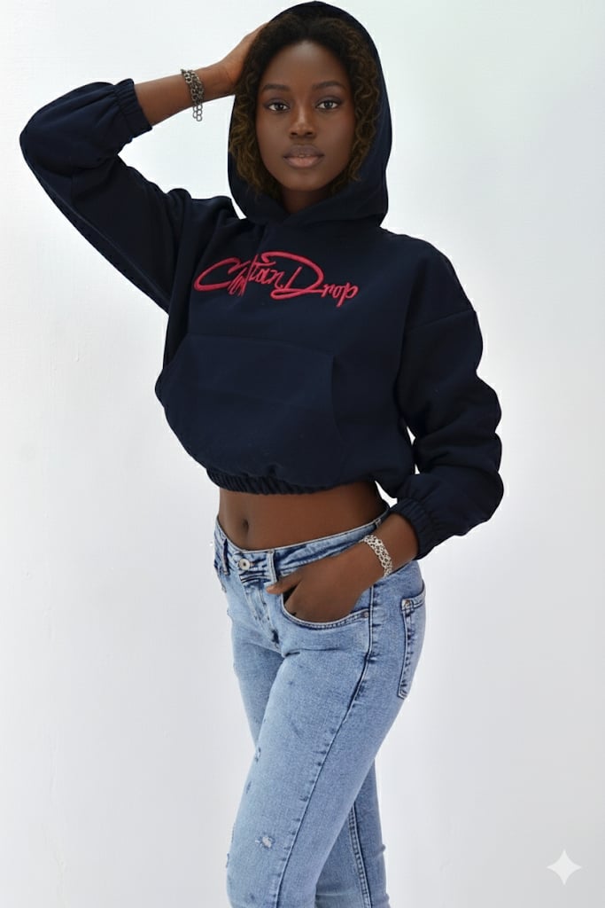 Kadın Neon Christian Drop Yazılı Kapüşonlu Crop Kesim Lacivert Sweatshirt Nakış İşlemeli