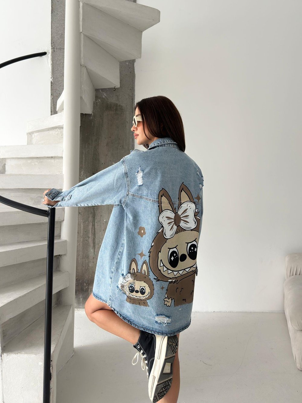 Kadın Oversize Baskılı Jean Kot Ceket – Labubu Desenli