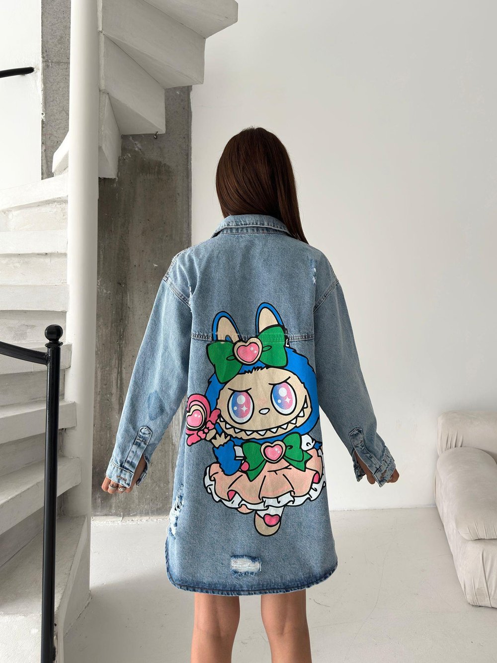 Kadın Oversize Baskılı Jean Kot Ceket – Labubu Desenli