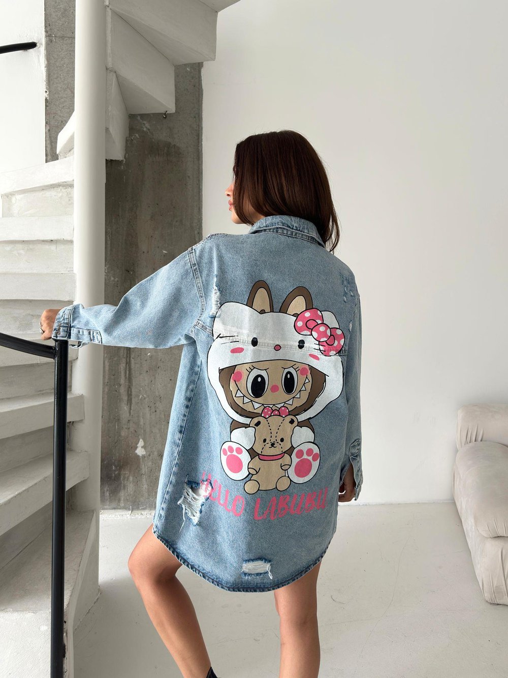 Kadın Oversize Baskılı Jean Kot Ceket – Labubu Desenli