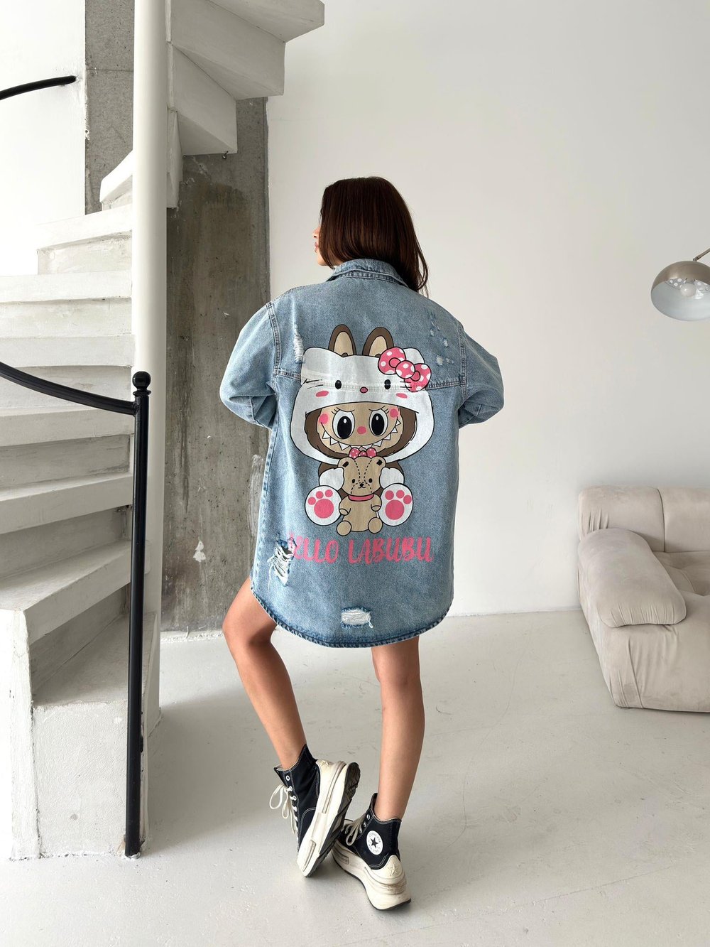 Kadın Oversize Baskılı Jean Kot Ceket – Labubu Desenli