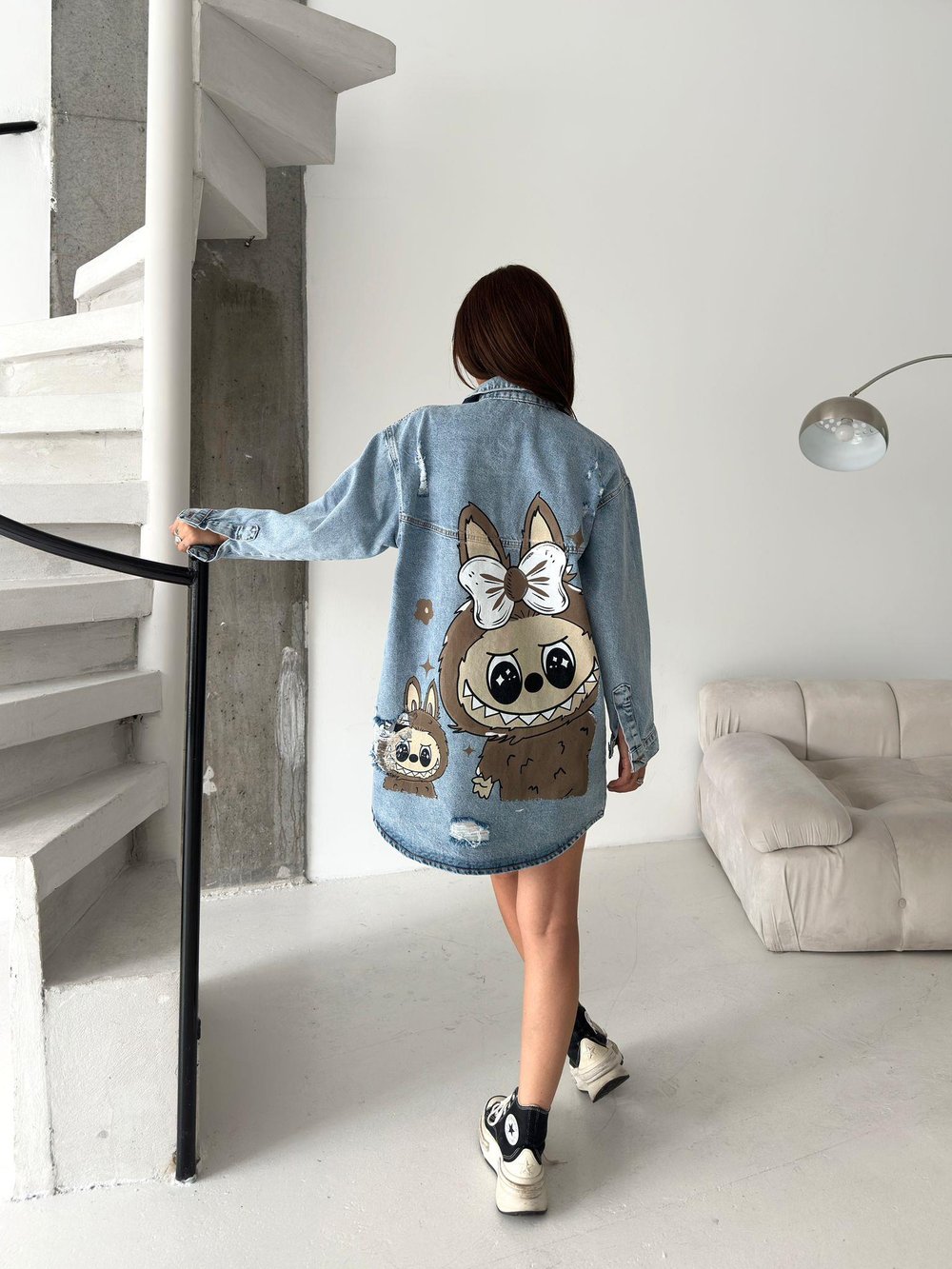 Kadın Oversize Baskılı Jean Kot Ceket – Labubu Desenli