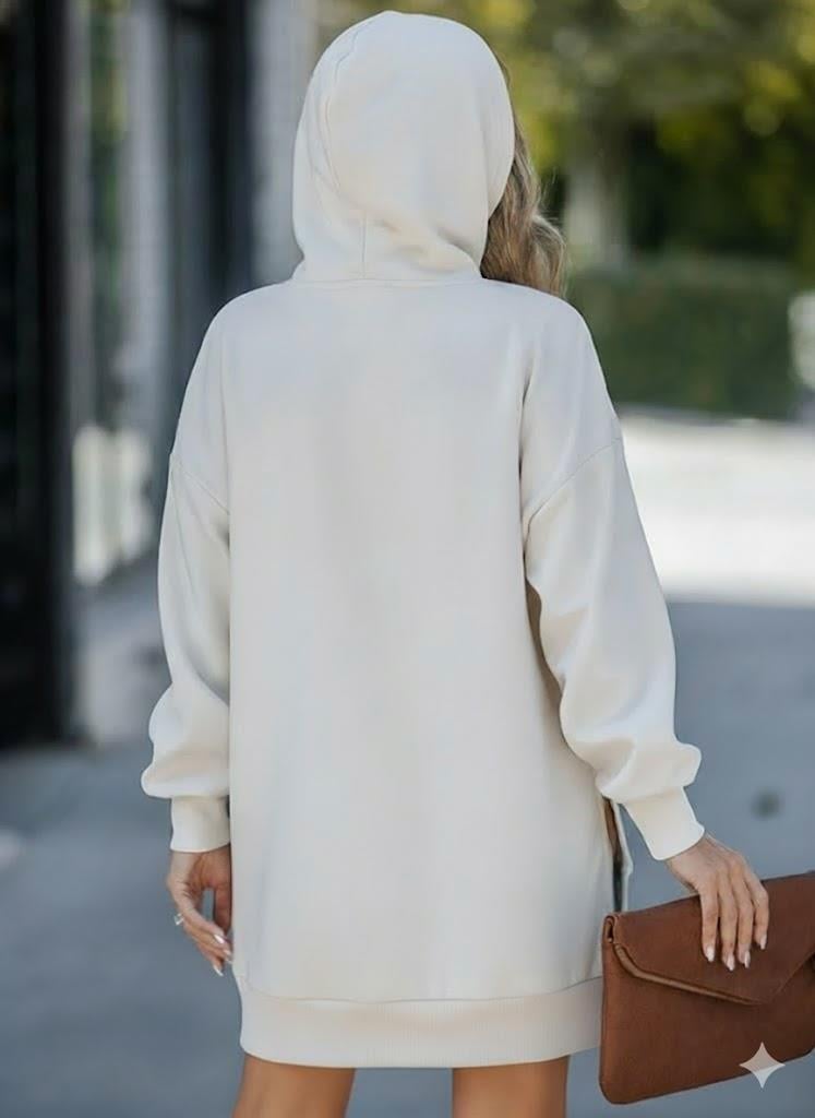 Kadın Oversize Kapüşonlu Sweatshirt Yan Fermuar Detaylı Uzun Kollu Ekru Tunik