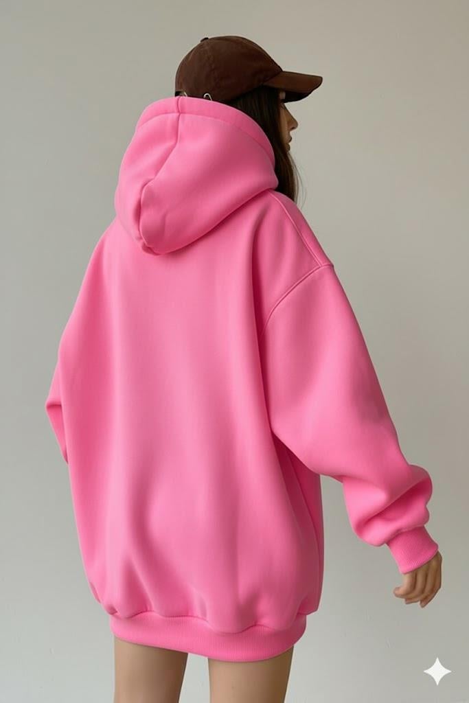 Kadın Oversize Pembe Sweatshirt  3 İplik Şardonlu Kapüşonlu Cepli – Rahat Kalıp