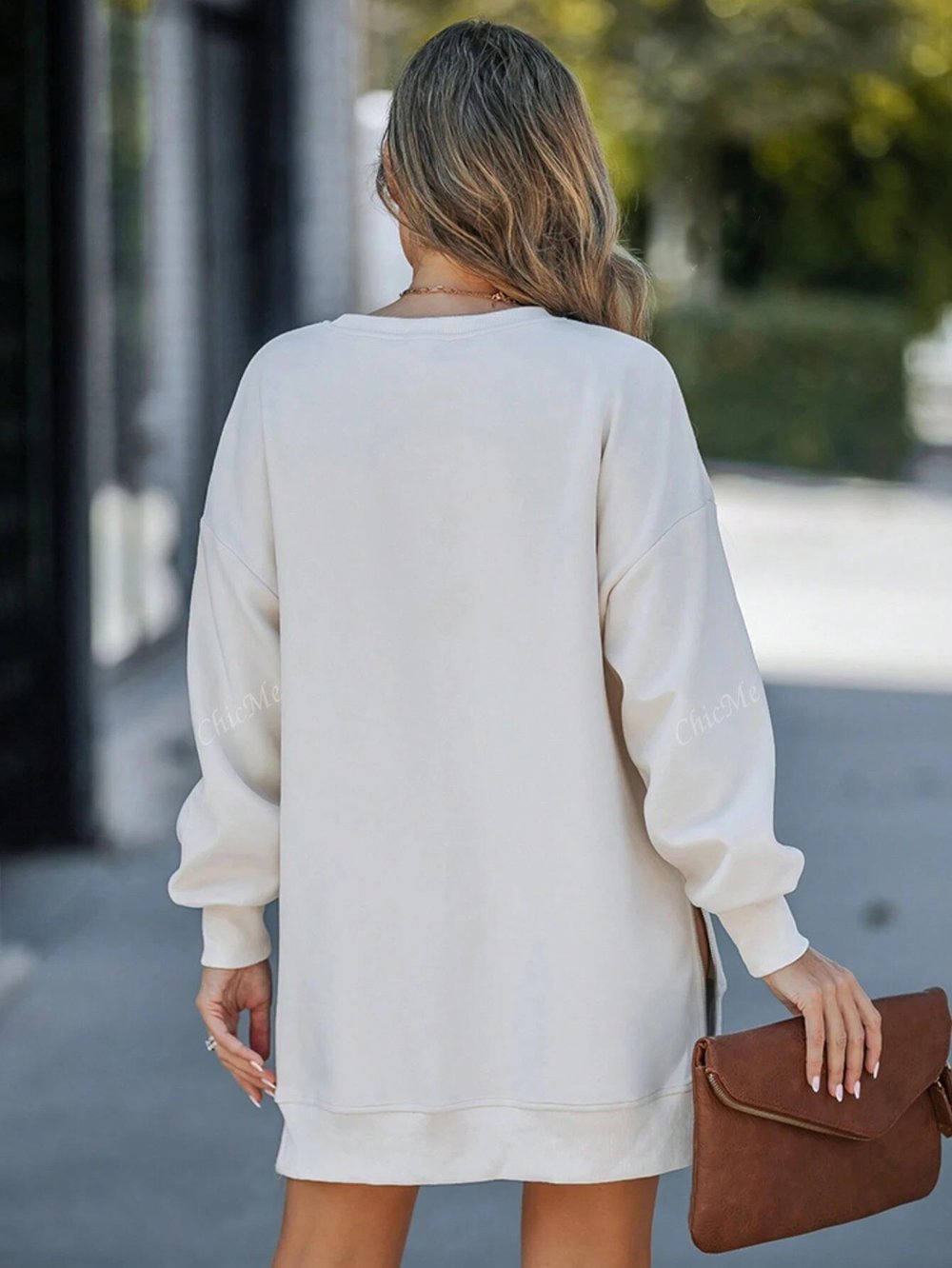 Kadın Oversize Sweatshirt Yan Fermuar Detaylı Uzun Kollu Ekru Tunik