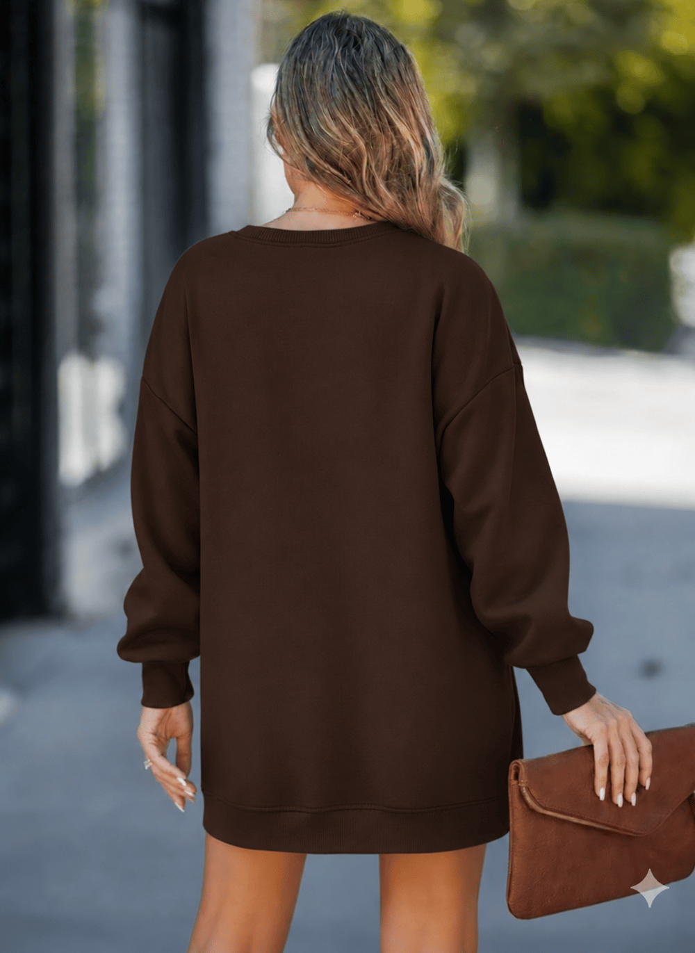 Kadın Oversize Sweatshirt Yan Fermuar Detaylı Uzun Kollu Kahverengi Tunik