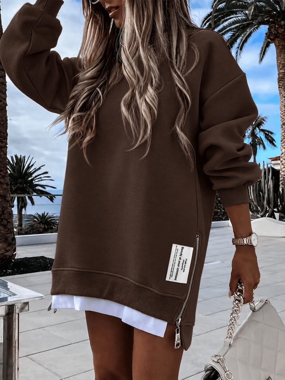 Kadın Oversize Sweatshirt Yan Fermuar Detaylı Uzun Kollu Kahverengi Tunik