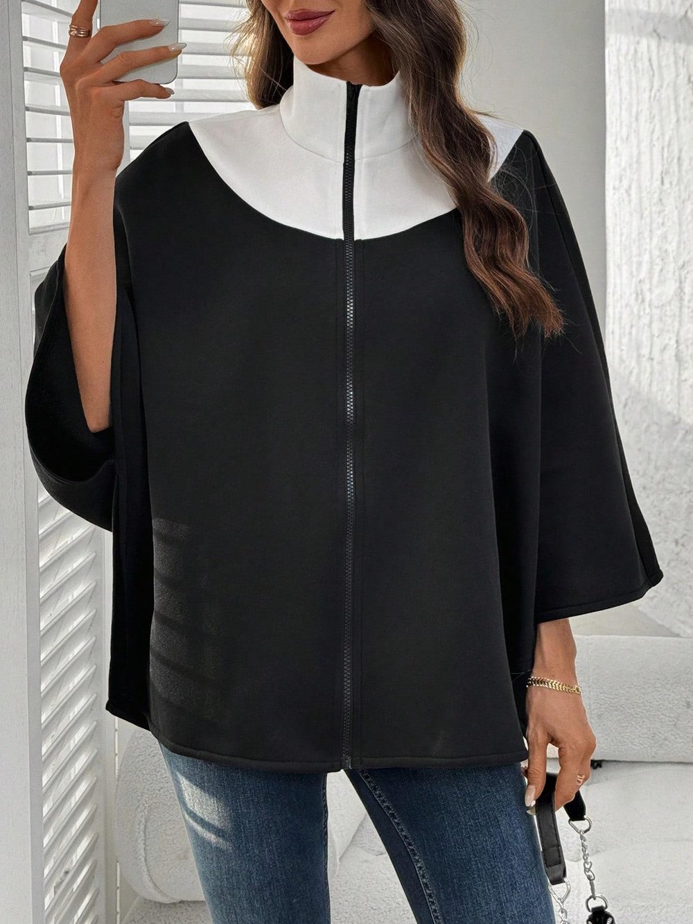 Kadın Panço Fermuarlı Sweat – Oversize Kesim, 3 İplik Şardonlu Kumaş