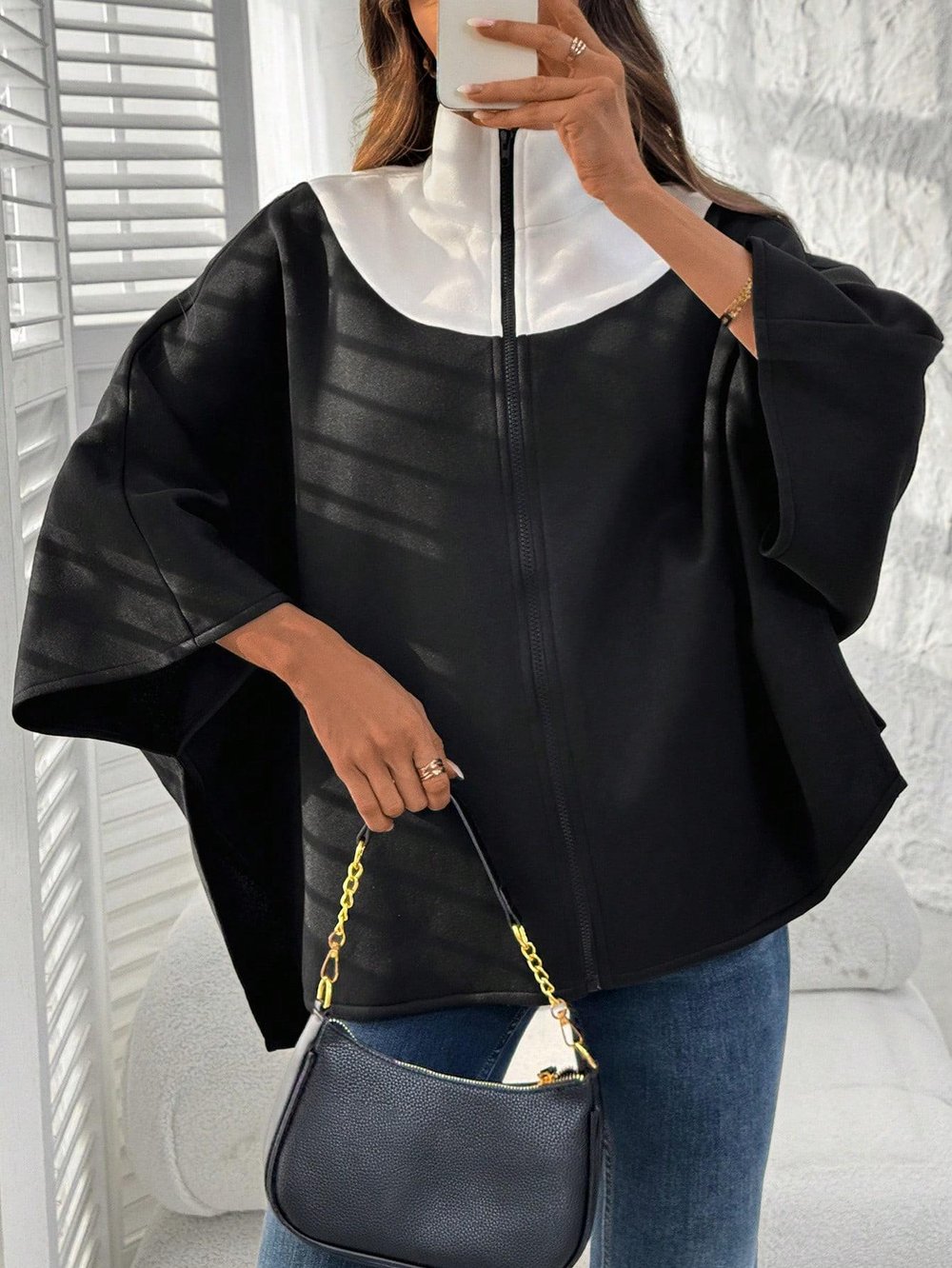 Kadın Panço Fermuarlı Sweat – Oversize Kesim, 3 İplik Şardonlu Kumaş
