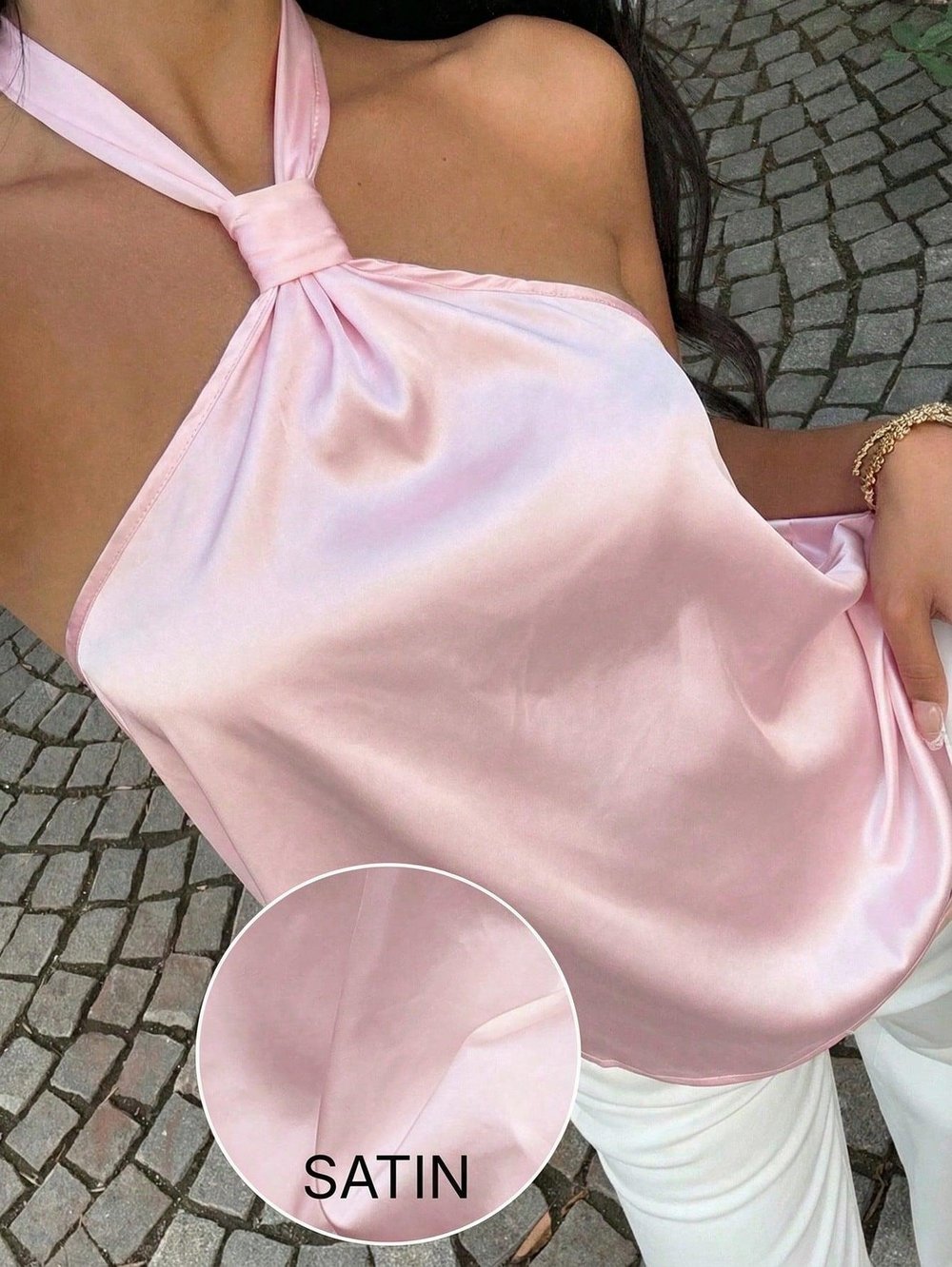 Kadın Pembe Saten Boyundan Bağlamalı Halter Yaka Bluz