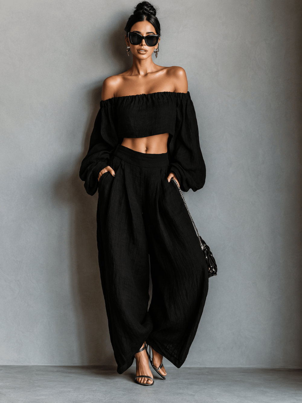 Kadın Siyah Madonna Yaka Crop Bluz ve Şalvar Kesim Bol Pantolon İkili Takım