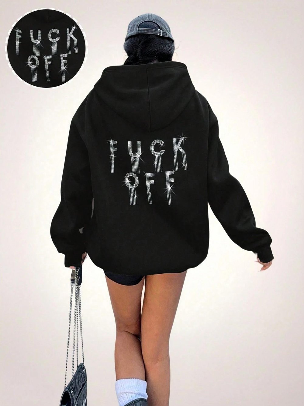 Kadın Siyah Oversize Kapüşonlu Sweatshirt – Taş Detaylı “F*ck Off” Yazılı – Rahat Günlük Kapüşonlu Üst