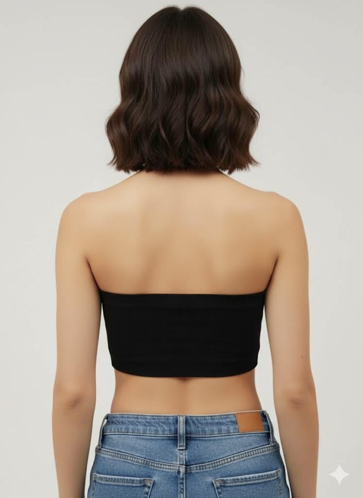 Kadın Siyah Taş Detaylı Straplez Crop Top – Esnek Kumaş, Işıltılı Bant Büstiyer