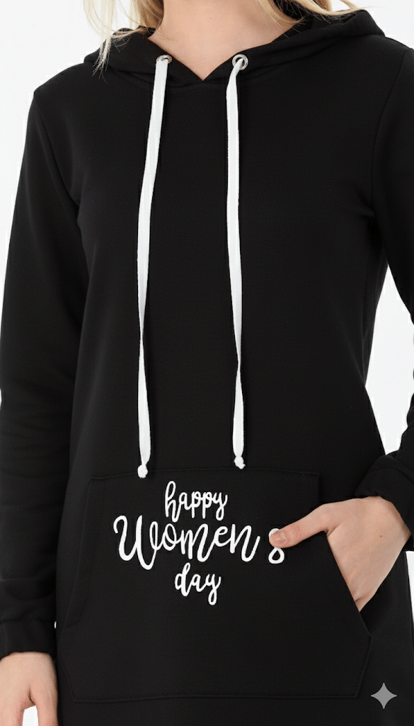 Kadın Uzun Boy Happy Womens Day Yazılı Siyah Kapüşonlu Cepli Elbise