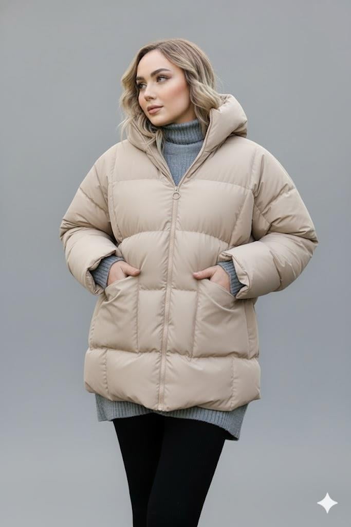 Kadın Vizon Kapüşonlu Şişme Mont – Oversize Kışlık Kalın Mont –  Soğuk Geçirmez Şişme Mont