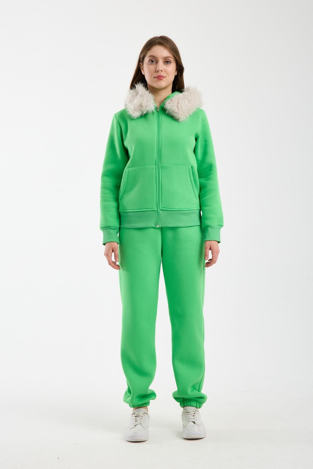 Kadın Yeşil Kapüşonu Kürklü (Çıkarılabilir) Fermuarlı Sweatshirt ve Eşofman Altı Takım