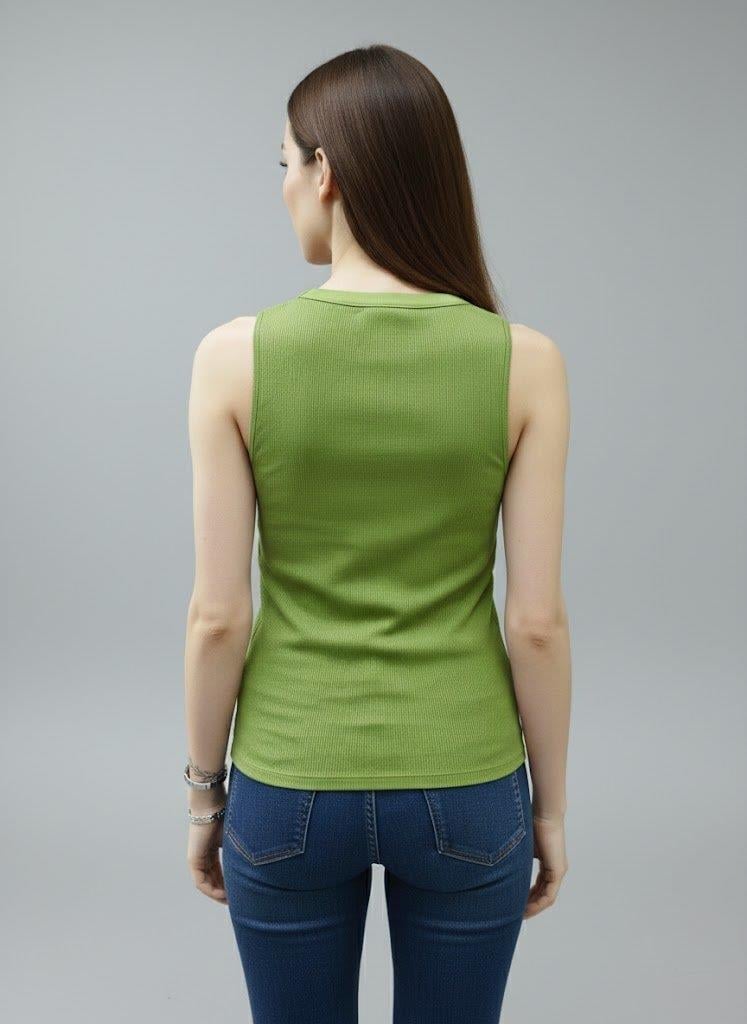 Kadın Yeşil V Yaka Düğmeli Fitilli Kaşkorse Atlet - Kolsuz İnce Örme Bluz