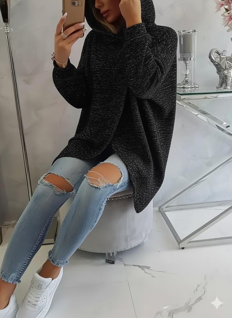 Kırçıllı Siyah  Kadın 3 İplik Şardonlu Kapüşonlu Ceket – Asimetrik Fermuarlı Oversize 