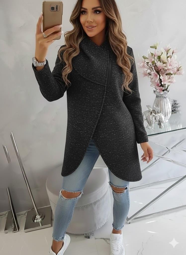 Kırçıllı Siyah Kadın Asimetrik Fermuarlı Oversize Kapüşonlu Sweatshirt – Kalın Kumaş – Rahat Günlük Tarz